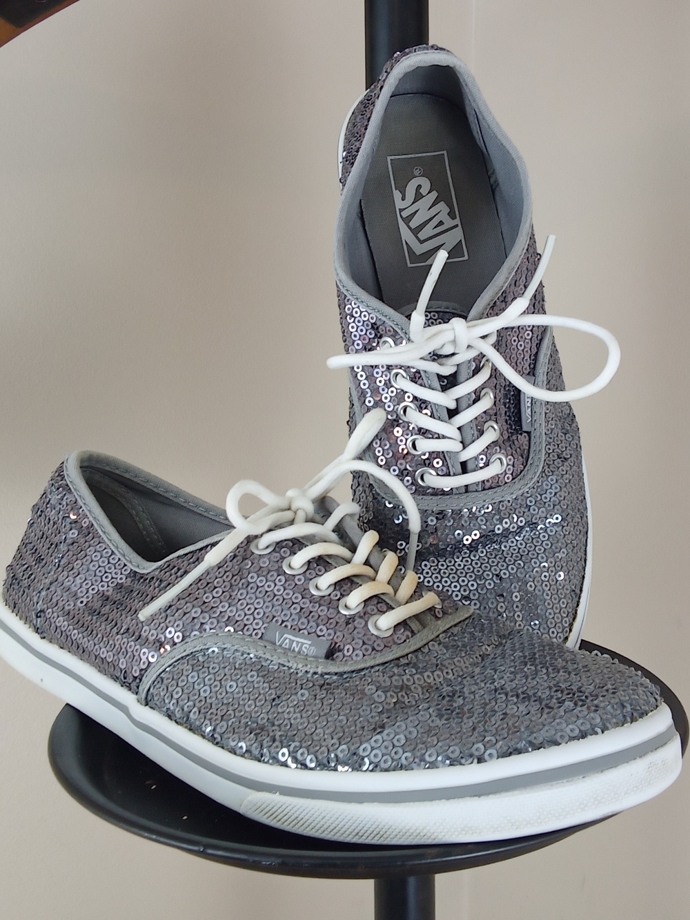 Vans Silver Sequin Low-Top Sneakers with White Laces
